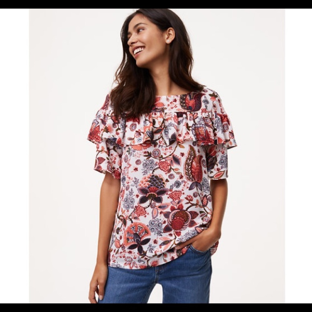 LOFT Hydrangea Bouquet Mixed Media Ruffle Top Sz L